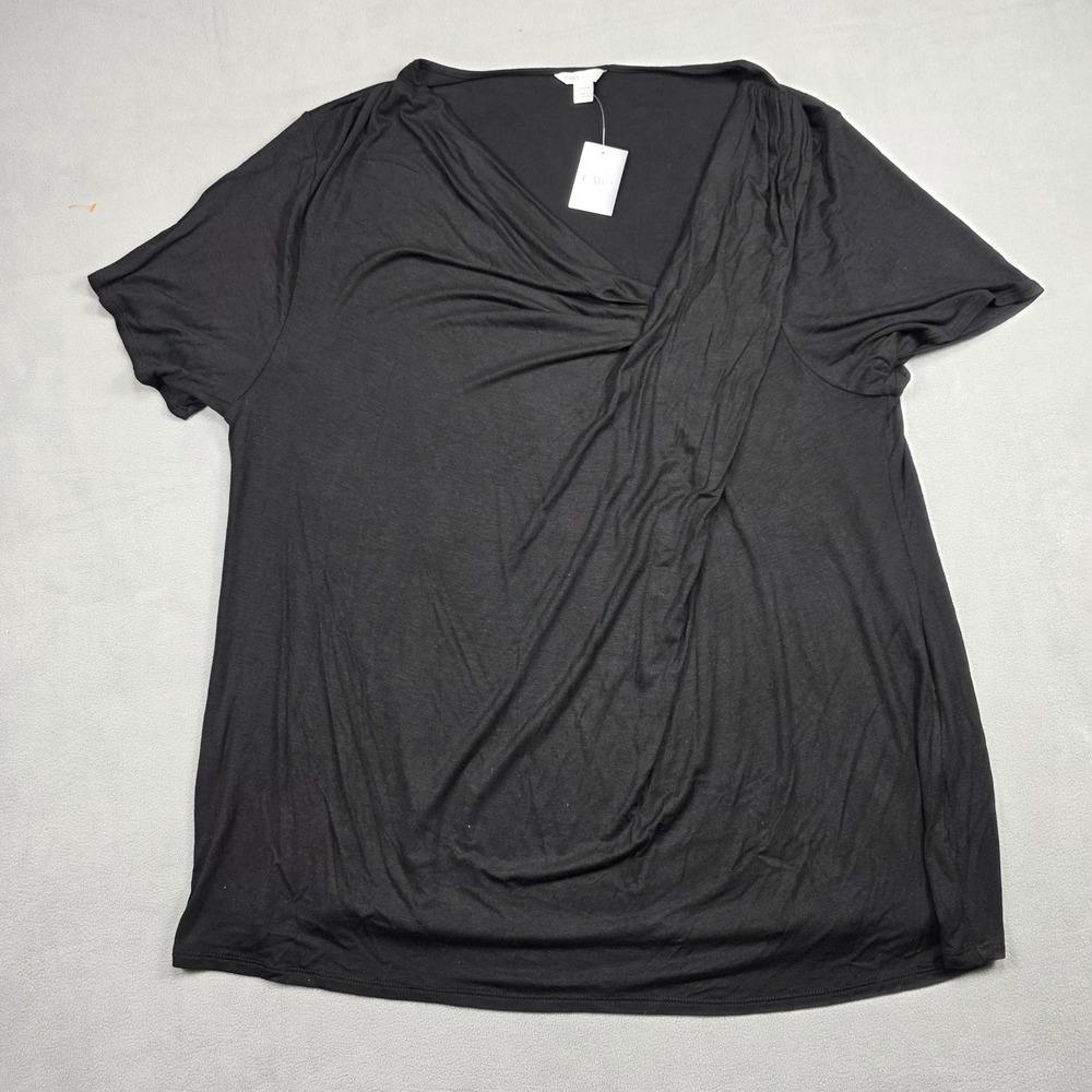 Cato Top Womens 22/24W Black Drape Front‎ Short Sleeve Stretch Solid